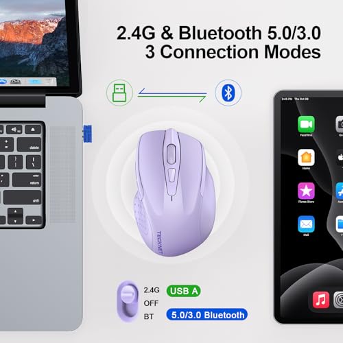 TECKNET Wireless Mouse, BT 5.0/2.4G, Silent 4800 DPI 6 Buttons, Lavender | Bluetooth 5.0/3.0 & USB A, 2-Device Easy Switch, Wide OS Compatible, 6-DPI, Ergonomic for S/M Hands, Extended Battery - color: Lavender