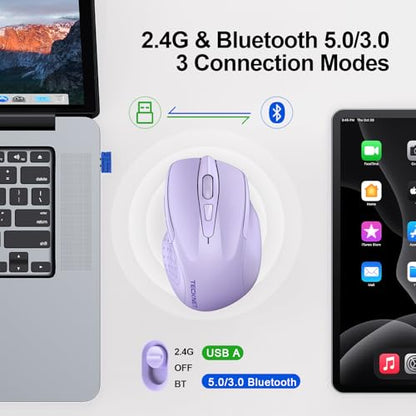 TECKNET Wireless Mouse, BT 5.0/2.4G, Silent 4800 DPI 6 Buttons, Lavender | Bluetooth 5.0/3.0 & USB A, 2-Device Easy Switch, Wide OS Compatible, 6-DPI, Ergonomic for S/M Hands, Extended Battery - color: Lavender