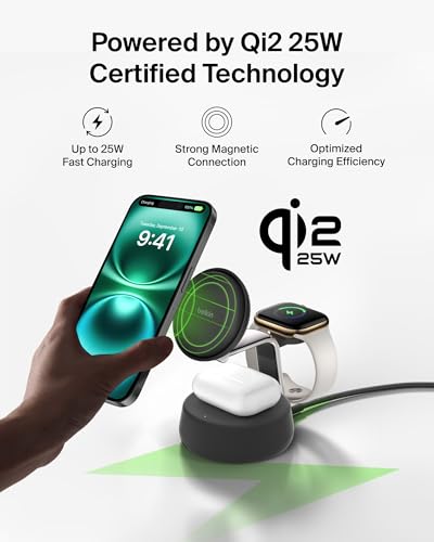 Belkin Qi2.2 25W Wireless Fast Charging Station, 3 in 1 iPhone Charger | Fast Charging, MagSafe Compatible, iPhone 17/16/15, Apple Watch, AirPods, Travel Charger, Magnetic - color: Black, style: 3 in 1