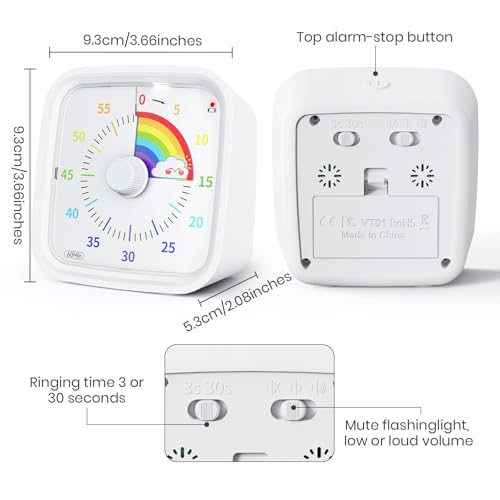 Rainbow Visual Timer for Kids, 60-min Countdown Timer, White | Protective Case, No Ticking, Mute and Ringing Alarm Available, Time Management Tool, Low Power Reminder, for Study,Game,Work - color: White Rainbow