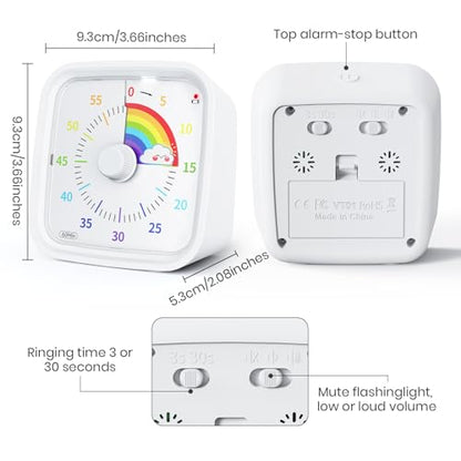 Rainbow Visual Timer for Kids, 60-min Countdown Timer, White | Protective Case, No Ticking, Mute and Ringing Alarm Available, Time Management Tool, Low Power Reminder, for Study,Game,Work - color: White Rainbow