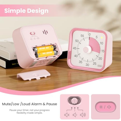 Visual Timer for Kids, Cute Timer with Pause Function, Pink | Time Management for Classroom, ADHD, Kitchen, Toddlers, Study, Alarm 3 Volume Levels, Light Indicator, Easy to Use - color: Pink