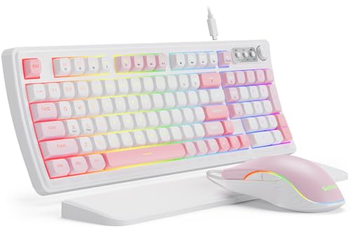 SABLUTE Gaming Keyboard and Mouse, Quiet Membrane with RGB Backlit - Pink | PC Gaming Keyboard with Multimedia Knob, Anti-Ghosting, Ergonomic Wrist Rest & 3200 DPI Mouse for Gamer/Office - color: Pink-White