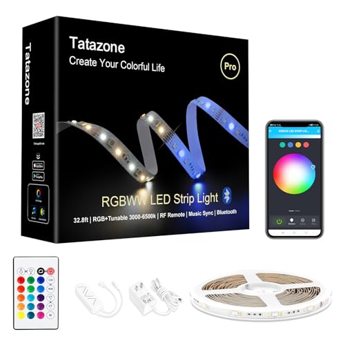 Tatazone RGBWW Bluetooth LED Strip Lights, 32.8ft Tunable White 3000K to 6500K+RGB Led Light Strips, Music Sync Color Changing Indoor LED Rope Lights with App and Remote for Kitchen, Bedroom, TV - style: Bluetooth-32.8ft-Not Support Alexa and Google