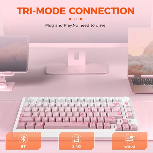 DAREU EK75PRO Sakura Pink 75% Mechanical Keyboard,Creamy Wireless Gaming Keyboard with Knob,RGB Backlit,Gasket Custom Structure,Side Printed PBT Keycaps,Hot Swap,2.4Ghz/BT5.1/USB-C, for Win/MAC - color: Sakura Pink
