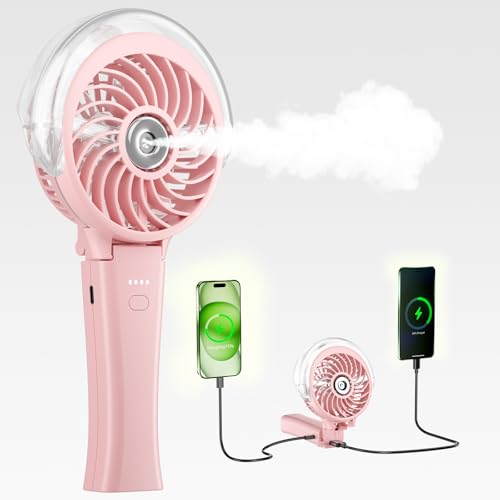 HandFan 4000mAh Handheld Misting Fan, 50ml Water Tank, Rechargeable Personal Mister Fan Portable AC, Spray Water Mist Fans, Foldable Cooling Ice Fans for Beach Travel Outdoors(Pink) - color: Pink, style: 4000mAh
