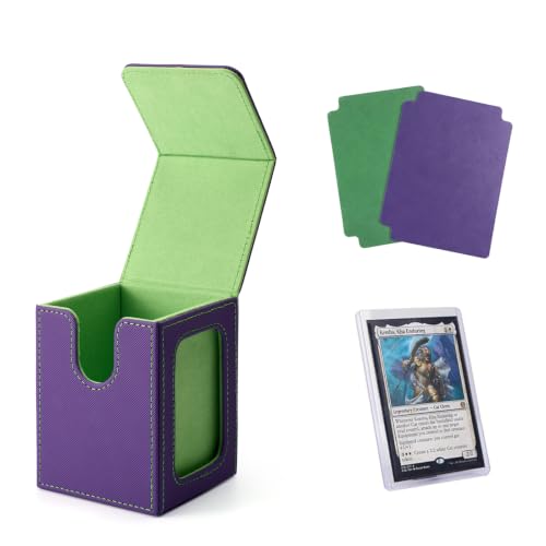 Venssu MTG Deck Box with Commander Display Window (Purple＆Green) | Holds 120 Single-Sleeved/ 100 double-sleeved cards, Fit MTG/PTCG/OPTCG Cards, Strong Magnetic Closure, Sturdy PU Leather - color: Purple&Green