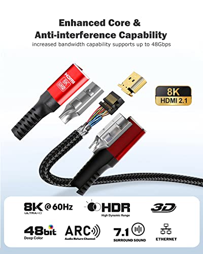 SKW 8K HDMI Cable 3.3ft/1M, 2.1 48Gbps HDMI Braided Cable-4K@120Hz 7680P,DTS:X,HDCP 2.2 & 2.3, HDR 10,eARC,Dynamic HDR,Compatible for Laptop, Monitor, Roku TV - size: 3.3ft/1m