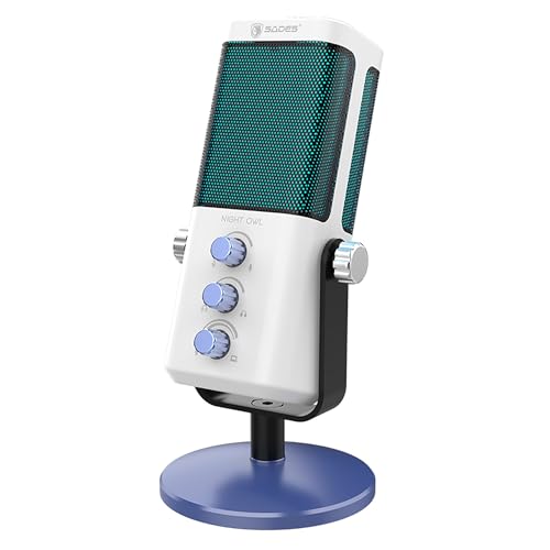 Sades Night Owl USB Gaming Microphone – Cardioid Condenser Mic with RGB Lighting, Gain Control, Plug and Play for PC, Streaming & Podcasting (White) - color: White