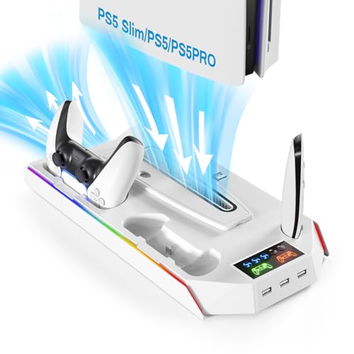 PS5 Stand and Cooling Station with LED Controller Charging Station for PlayStation 5/Slim/Pro Console,Accessories Incl.Controller Charger,PS5 Cooling Fan,Headset Holder,3 USB Hubs - color: RGB-White