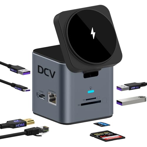 USB C Laptop Docking Station, 9 in 1 Hub with MagSafe Charger, Dark Gray | USB C Hub Multiport Adapter,4K HDMI, 1Gbps Ethernet,3 USB 3.0, SD/TF,for MacBook/Dell/HP/Lenovo/iPhone, MagSafe Charger Stand - color: Dark Gray