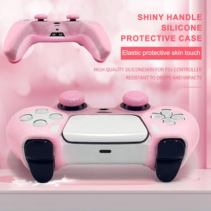 Pink Glitter Anti-Slip Protective Silicone Cover Skin Grips Compatible with PS5/Slim/Pro Controller,8 PCS Glitter Thumb Grips Caps and 2 Grips Caps. (Glitter Pink)
