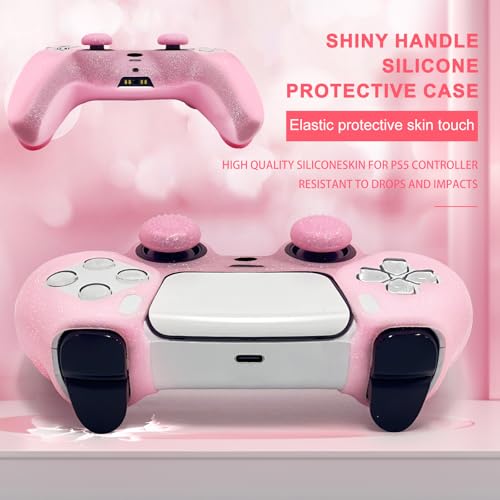 Pink Glitter Silicone Protective Case for PS5 Controller, Sparkly Bling Soft Cover Skins, Includes 8-in-1 Glitter Thumb Grip Caps + 2 Cat Paw Caps – Shockproof Dustproof Anti-Slip - color: Pink