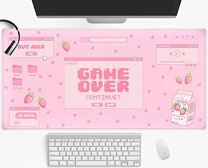 Pink Kawaii Anime Gaming Mouse Pad XXL, Strawberry Milk Mousepad Large, Aesthetic Laptop Keyboard Mats, Full Desk Mouse Mat for Women Girl 31.5X15.7 in - color: Pastel Game Over