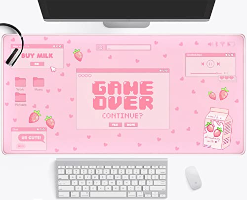 Pink Kawaii Anime Gaming Mouse Pad XXL, Strawberry Milk Mousepad Large, Aesthetic Laptop Keyboard Mats, Full Desk Mouse Mat for Women Girl 31.5X15.7 in - color: Pastel Game Over