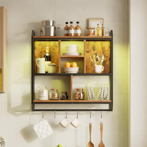 HOOBRO Gaming Floating Shelf with LED Lights, 28.7" LED Wall Mounted Shelf, 3-Tier Display Rack for Wall Storage, Floating Rack with Hanging Rod and 6 S-Hooks, Rustic Brown and Black BF70DBJ01 - color: Rustic Brown + Black
