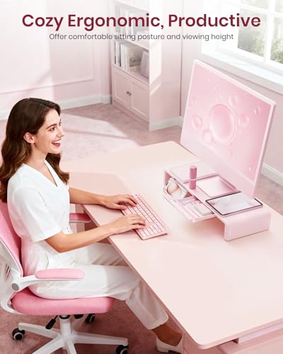 Pink Monitor Stand Riser, Klearlook Foldable, Height Adjustable Computer Stand, Desk Shelf Riser with Storage Drawer &Tablet Phone Stand for Desktop, Laptop - color: Pink