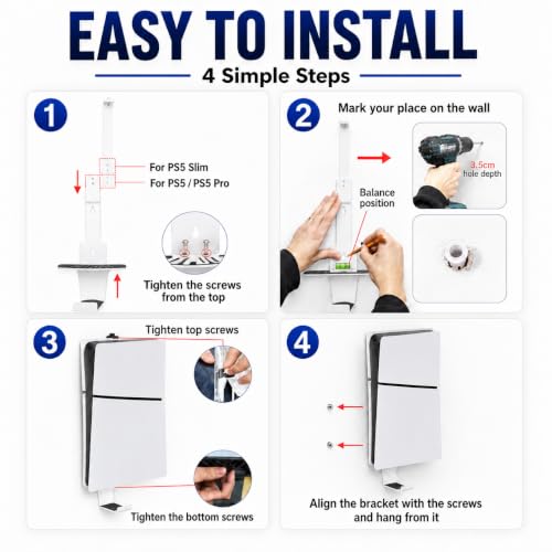 Heavy-Duty Steel Wall Mount Kit Compatible with PS5 Slim, Pro and Original | Secure EVA-padded support, complete install kit, easy setup, open airflow, holders for 2 controllers and headset - color: White