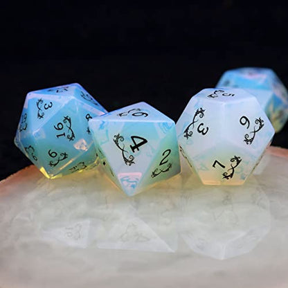 Haxtec Gemstone Dice Opal DND Dice Set with Dice Case Opalite D&D Compatible with Dungeons and Dragons Dice TTRPG DND Master Gift - color: White Black Gold