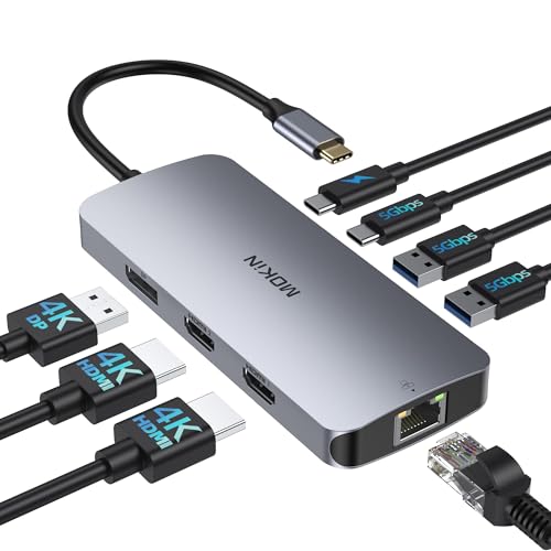 USB C Docking Station 3 Monitors, MOKiN USB C Docking Station with 2 HDMI, 4K DisplayPort, 1Gbps Ethernet, 100W PD Charging, 3 USB A/C 3.0, Multiport Adapter for Dell/HP/Lenovo/Surface