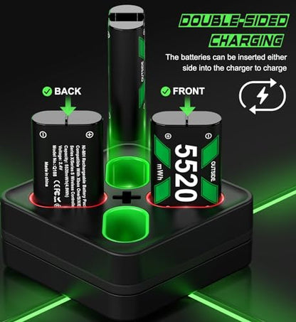 DINOSTRIKE Rechargeable Battery Pack & Charger Station for Xbox Series X|S, Xbox One Controllers - Includes 4 Battery Packs for Xbox with USB-A & USB-C Charging