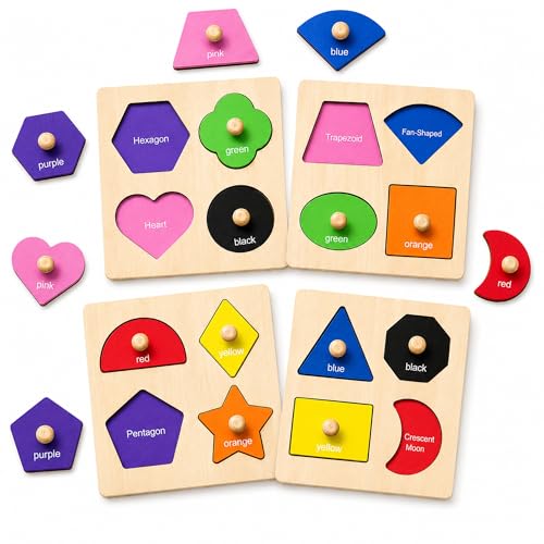 Wooden Shape Color Sorting Puzzle Toys for Toddlers, 4 Pack Montessori Peg Puzzles for Ages 2-4, Preschool Learning Toys for Shape Recognition, Fine Motor Skills, Gifts for Kids Boys Girls 1 2 3 4 - color: Style C