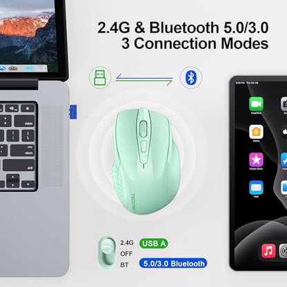 TECKNET Wireless Mouse, BT 5.0/2.4G, Silent 4800 DPI 6 Buttons, Green | Bluetooth 5.0/3.0 & USB A, 2-Device Easy Switch, Wide OS Compatible, 6-DPI, Ergonomic for S/M Hands, Extended Battery - color: Green