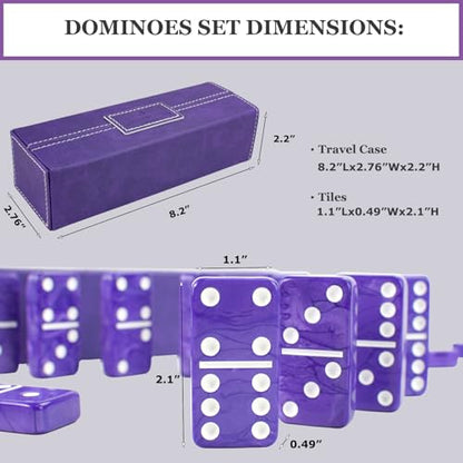 Dominos Set for Adults – Double 6 Dominos - Dominoes Set for Kids and Adults - 28 Marbleized Purple Jumbo Domino, Classic Board Game for Family Nights & Travel (Purple Case) - color: Purple