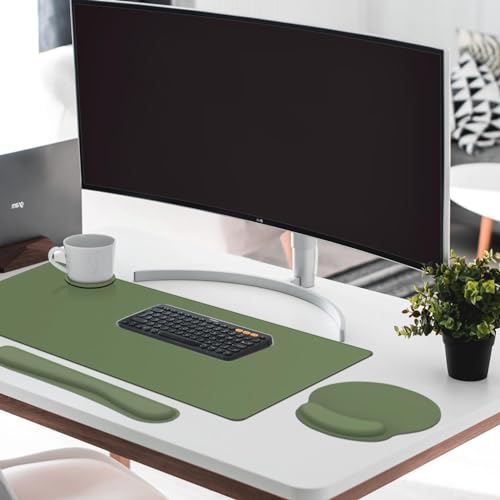 Britimes Olive Green Keyboard Mouse Pad Set 4in1 Large Mousepad+Keyboard Wrist Rest+Mouse Wrist Rest+Coaster Ergonomic Design for Home Office Computer 35.4x15.7Inches - color: Olive Green