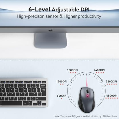TECKNET 2.4G Wireless Mouse, 4800 DPI Ergonomic Computer Mouse, USB, Grey | Mouse for Laptop with USB Receiver, 6 Adjustable DPI, Quiet Click, 30-Month Battery, 6 Button, Portable for PC Chromebook Mac - color: Grey