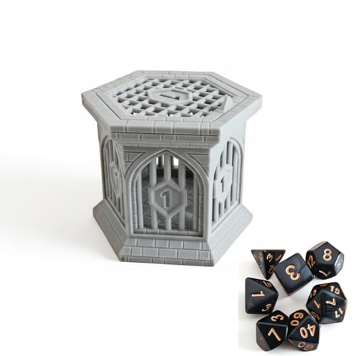 Dice Jail with Secure Clip-On Lid - Fun Dungeon Cage Prison for Tabletop RPG Polyhedral Dice Games (Includes Free 7-Piece Polyhedral Dice Set) (Gray) - color: Gray
