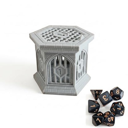 Dice Jail with Secure Clip-On Lid - Fun Dungeon Cage Prison for Tabletop RPG Polyhedral Dice Games (Includes Free 7-Piece Polyhedral Dice Set) (Gray) - color: Gray