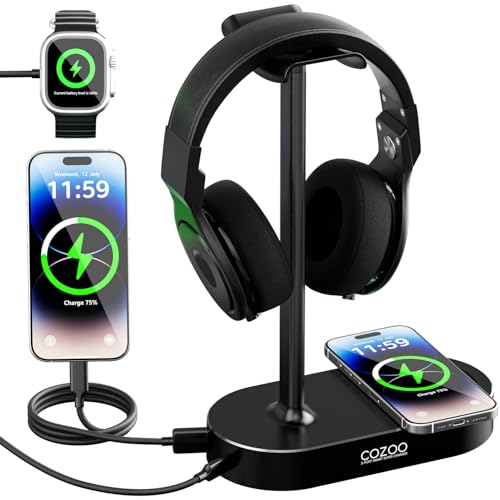 COZOO Headphone Stand with Fast Wireless Charging Pad and 2 USB Charging Ports, Suitable for Gaming, DJ, Wireless Earphone Accessories - color: Black