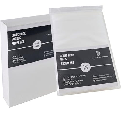 Platinum Protectors Comic Book Bags & Boards for Silver Age, Current/Modern (200-Count) Premium Resealable Poly Bag Sleeves - Adhesive Now on The Back of The Bag