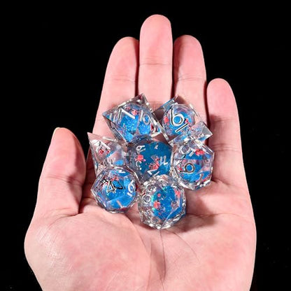 Sharp Edge Dice Set D&D Dice Resin Iridecent Mylar Galaxy D D Dice for RPG Role Playing Compatible with DND (Blue Quicksand + Plum Blossoms) - color: Blue Quicksand Plum Blossoms