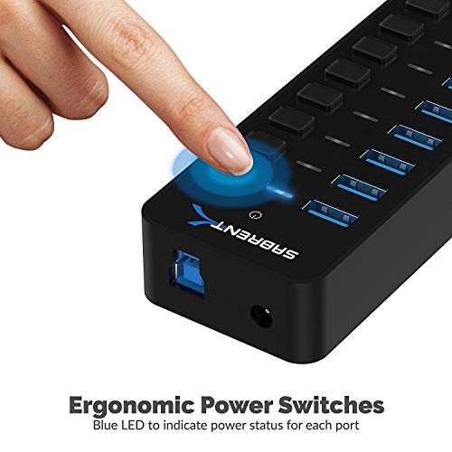 SABRENT 10-Port Powered USB 3.0 Hub, 3 Charging Ports, 60W (HB-B7C3) | Individual power switches & LEDs; for PC, Mac, Xbox, PS5, laptop, desktop - size: 10-Port - 7 USB 3.0 + 3 Charging