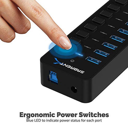 SABRENT 10-Port Powered USB 3.0 Hub, 3 Charging Ports, 60W (HB-B7C3) | Individual power switches & LEDs; for PC, Mac, Xbox, PS5, laptop, desktop - size: 10-Port - 7 USB 3.0 + 3 Charging