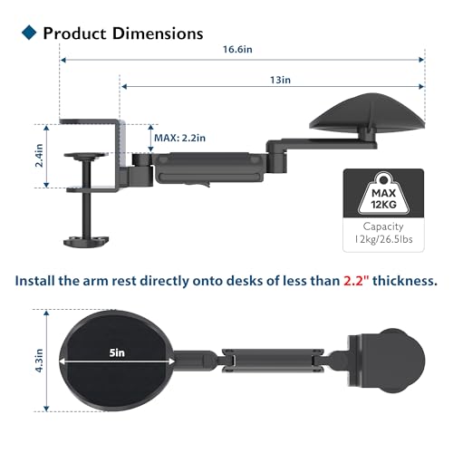 BONTEC Adjustable Arm Rest for Desk, 360° Rotating & Extendable, Aluminum | Ergonomic Elbow Pad, Durable Keyboard and Computer Support, Office or Gaming Accessories, Comfortable During Work Sessions