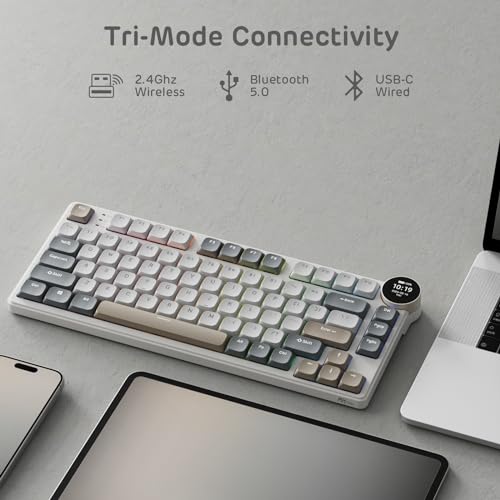 RK ROYAL KLUDGE N80 Low Profile Mechanical Keyboard w/Smart Display Screen & Knob, 75% Top Mount 3-Modes Wireless Mechanical Keyboard, Software Support, Massive Battery, 80 Keys, Tactile Brown Switch - color: Sandy Grey, size: Low profile Brown Switch