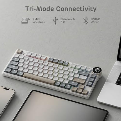 RK ROYAL KLUDGE N80 Low Profile Mechanical Keyboard w/Smart Display Screen & Knob, 75% Top Mount 3-Modes Wireless Mechanical Keyboard, Software Support, Massive Battery, 80 Keys, Tactile Brown Switch - color: Sandy Grey, size: Low profile Brown Switch
