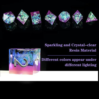 Sharp Edge DND Dice Set Handmade 7 Accessories Dice for Dungeons and Dragons TTRPG Games, Multi-Sided RPG Polyhedral Resin Sharp Edge Dice Roleplaying Games (Purple Green) - color: Purple Green