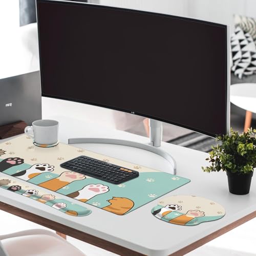 Britimes Kawaii Cat Paws Keyboard Mouse Pad Set Cute Cartoon 4in1 Large Mousepad+Keyboard Wrist Rest+Mouse Wrist Rest+Coaster Ergonomic Design for Home Office Computer 35.4x15.7 inches - color: Cat Paws