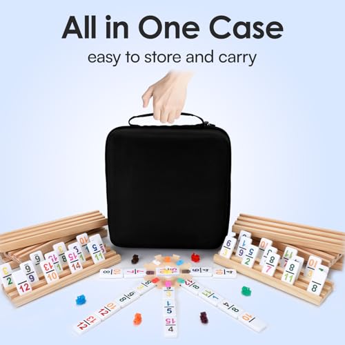Mexican Train Dominoes Double 15, 136 Number Tiles, 8 Racks & Hub | Colorful Numbered Tiles, Wooden Racks, Center Hub, Portable Case, Great for More Players & Family Game Nights - style: Double 15 Number+8 Racks