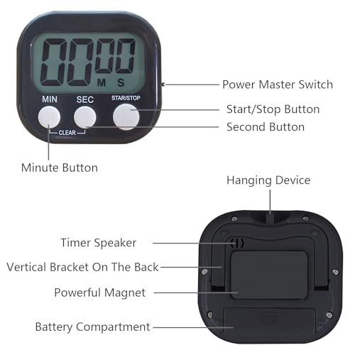 Small Digital Timer for Kitchen Cooking Baking Sports Office Meeting Multi-Function Count Up Countdown Magnetic Backing and ON/Off Switch Desk Electronic Timer (Black)