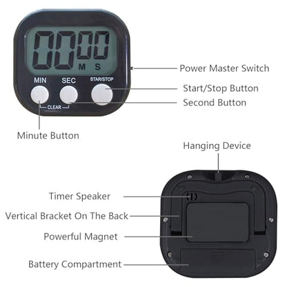 Small Digital Timer for Kitchen Cooking Baking Sports Office Meeting Multi-Function Count Up Countdown Magnetic Backing and ON/Off Switch Desk Electronic Timer (Black)