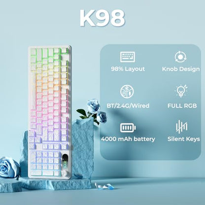OHY XVX Wireless Keyboard,99Keys Quiet Typing Membrane Gaming Keyboard with Logo Display & Knob, RGB Backlit, USB C Rechargeable, 94 Keys PBT Keycap for Windows PC, Mac, Linux-White