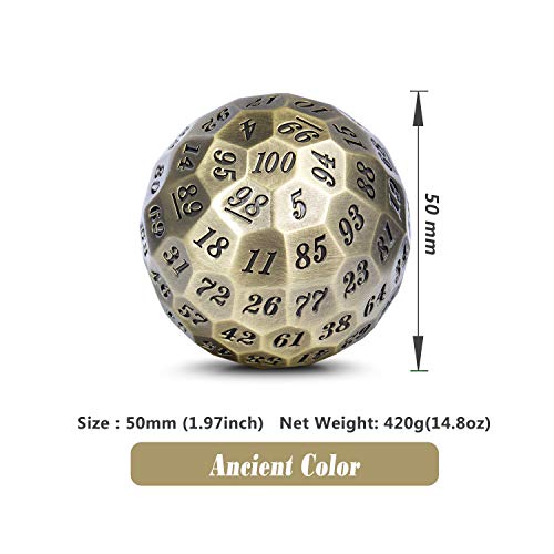 DNDND Metal Dice D100 Single 50mm 100 Sided Polyhedral Dice with Metal Case and Velvet Pouch for Table Game(Ancient with Black Number) - color: Ancient With Black Number