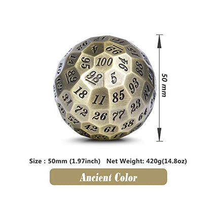 DNDND Metal Dice D100 Single 50mm 100 Sided Polyhedral Dice with Metal Case and Velvet Pouch for Table Game(Ancient with Black Number) - color: Ancient With Black Number