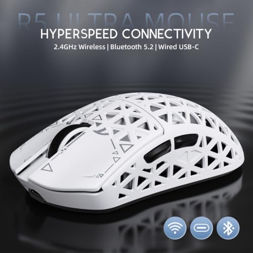 ATTACK SHARK R5Ultra 8K Carbon Fiber Wireless Gaming Mouse, White | 42K DPI,PAW3950 MAX Sensor,39g Ultra-Lightweight,Nordic 52840 MCU Chip,Wired/BT/2.4GHz Wireless Programmable Mice for PC/Mac - color: White