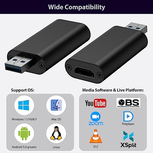 4K HDMI to USB 3.0 Video Capture Card, 4K Cam Link Card Game Capture Card Adapter Screen Record Capture Device for Streaming, Gaming, Video Conference, Teaching, Live Broadcasting